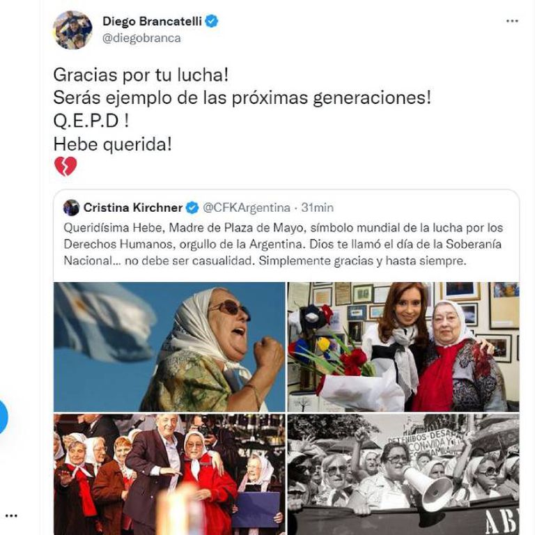 Diego Brancatelli também demitiu a chefe das Mães da Praça de Maio, Hebe de Bonafini, que faleceu neste domingo aos 93 anos