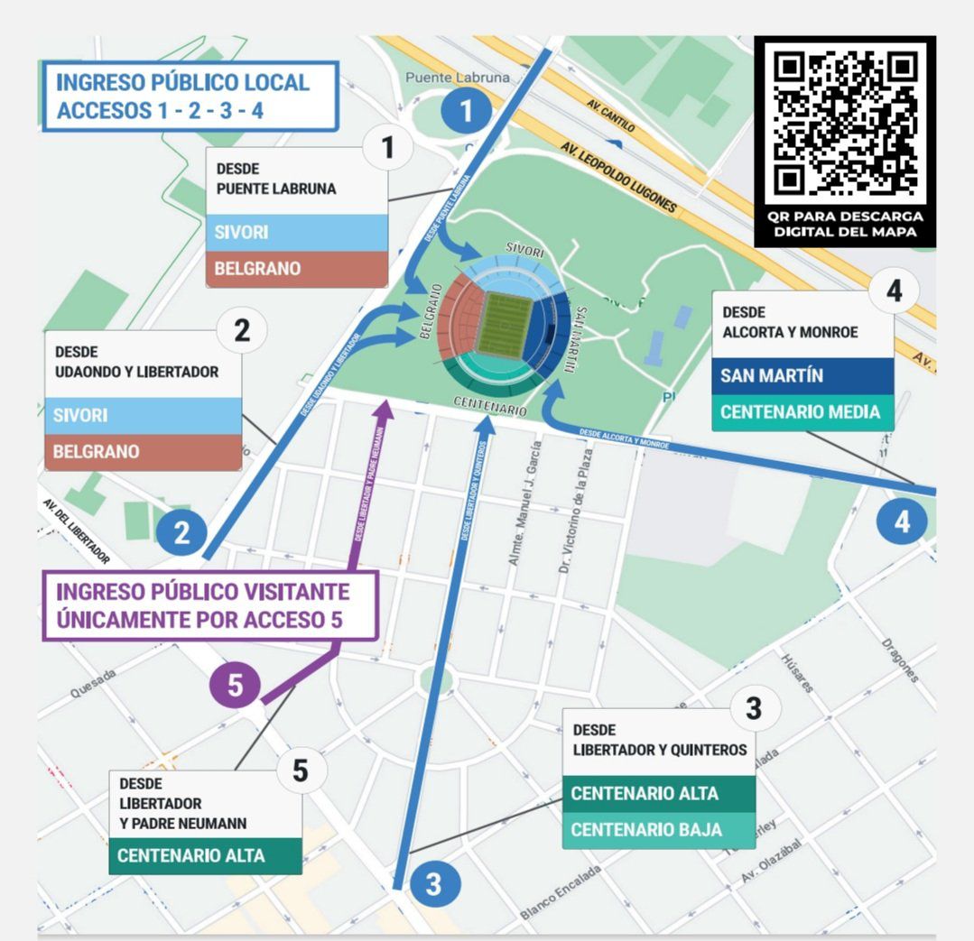 El mapa de accesos para el partido entre Argentina y Ecuador. Las puertas de estadio se abrirán a partir de las 17