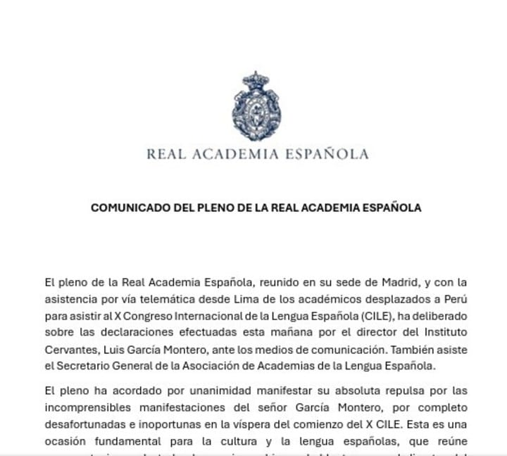 La Real Academia respondió con un comunicado de “absoluta repulsa” a sus declaraciones. Foto: internet.